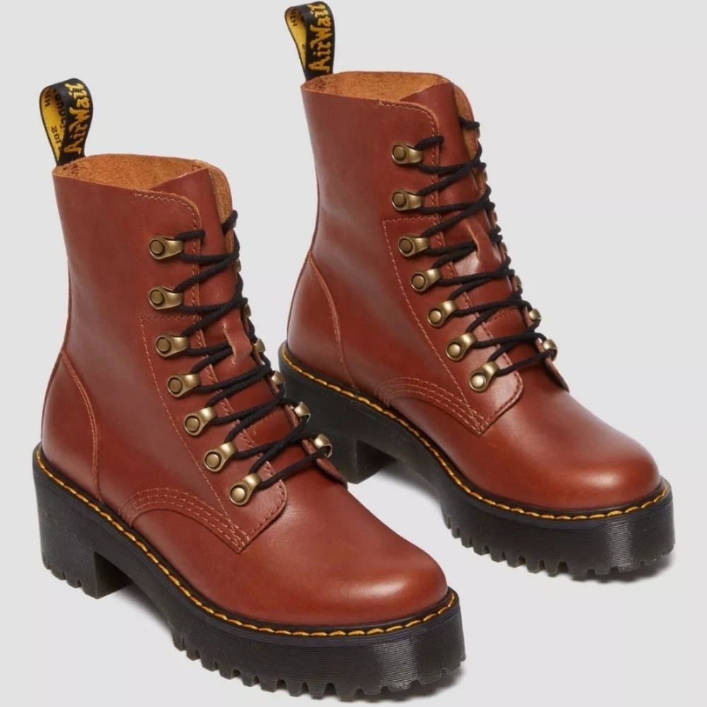 NWT Dr. Martens Leona Brown Lace UP Combat Boot Size 7 - Picture 2 of 12